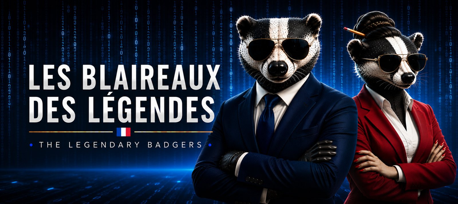 Les Blaireaux des Légendes — The Legendary Badgers : deux blaireaux en costume et lunettes d'aviateur devant une pluie de code bleue